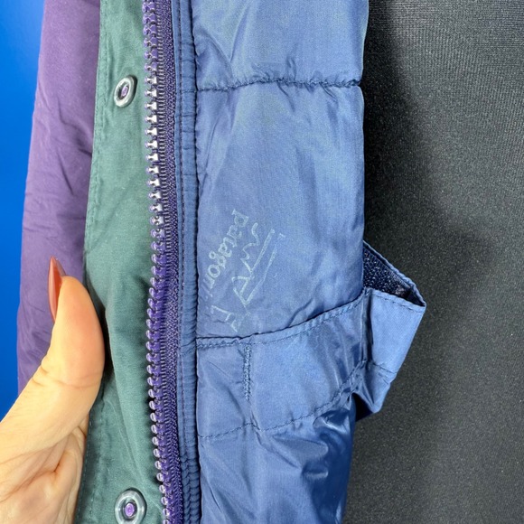 Vintage 90's Patagonia Womens Purple Puffer Jacket Outdoor Camping Patches Sz L - Picture 9 of 11